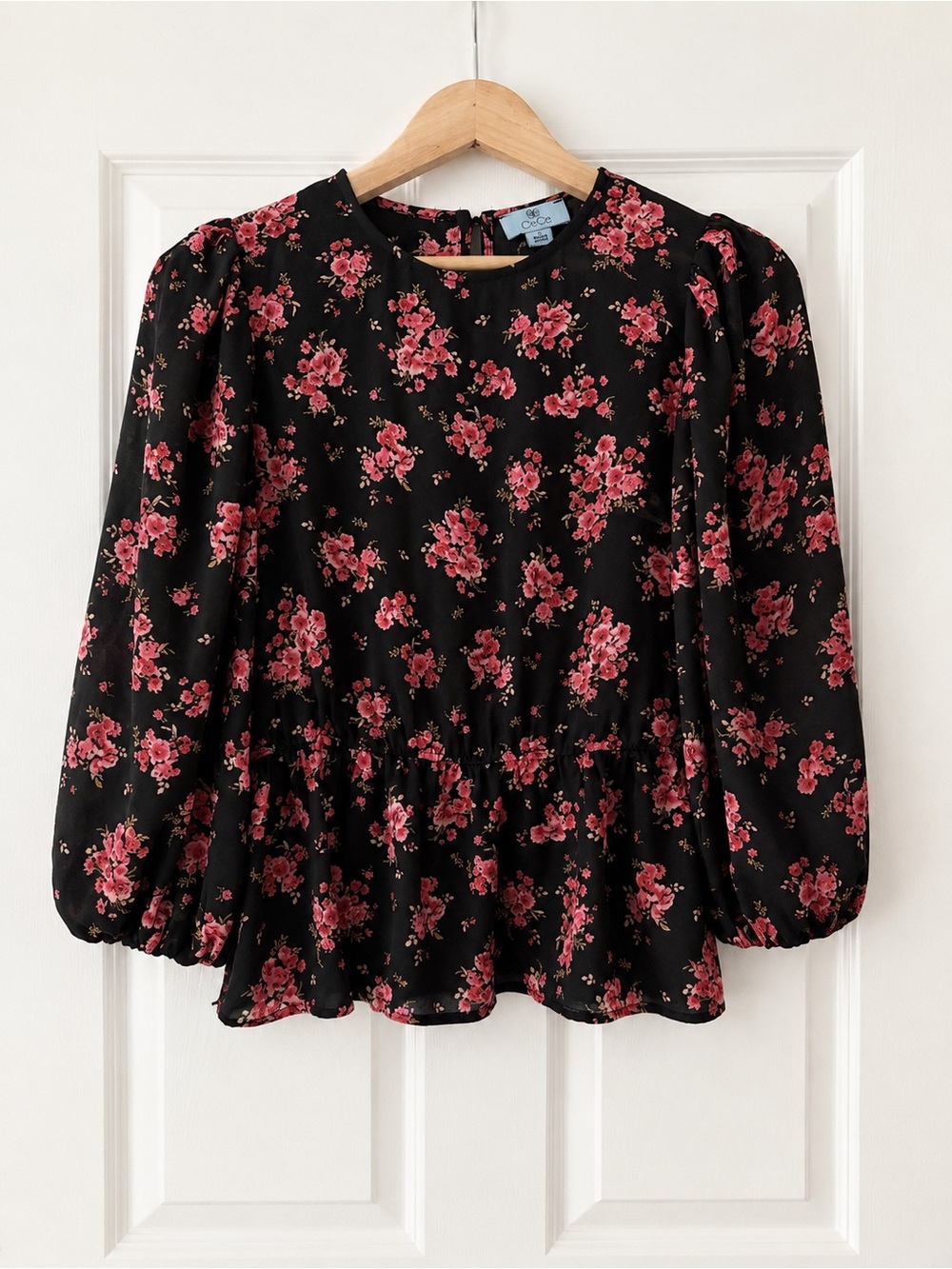 CeCe Women’s Small Black Pink Floral Peplum Blouse Puff Sleeve Cottagecore To